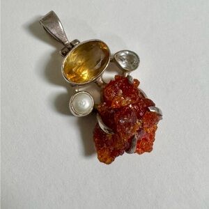 Sterling silver // Vanadinite Citrine Pearl and Clear Quartz Pendant Necklace